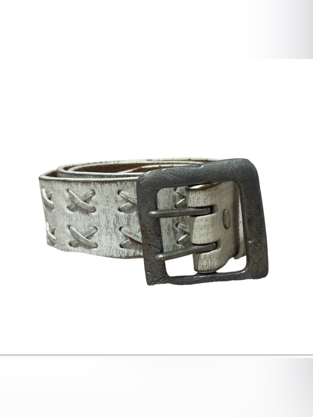 Leather island  White Distressed Leather Belt with Double-Prong Buckle